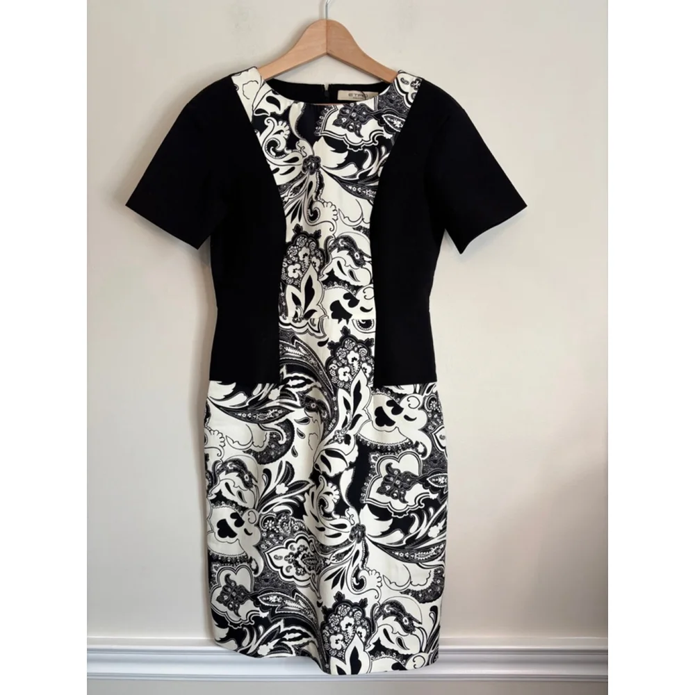 Etro Women's Euro 42 US 6 Black White Paisley Sheath Knee Length Dress Career - Picture 10 of 11